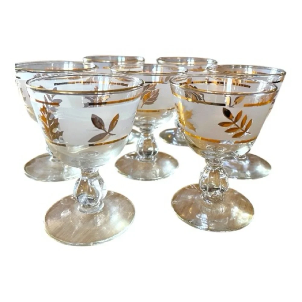 Libbey Golden Foliage champagne/cordial glasses, set of seven, vintage, frosted